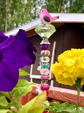Colorful Pink Bird Fairy Garden Stake in bright colors. Handmade.